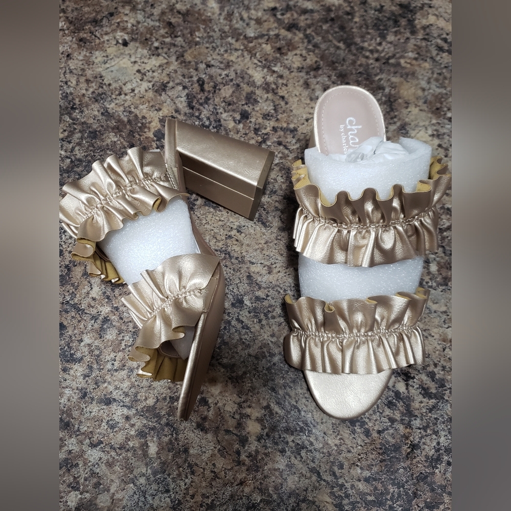 Charles by Charles David Gold Ruffle Mule Heels Sandals 9